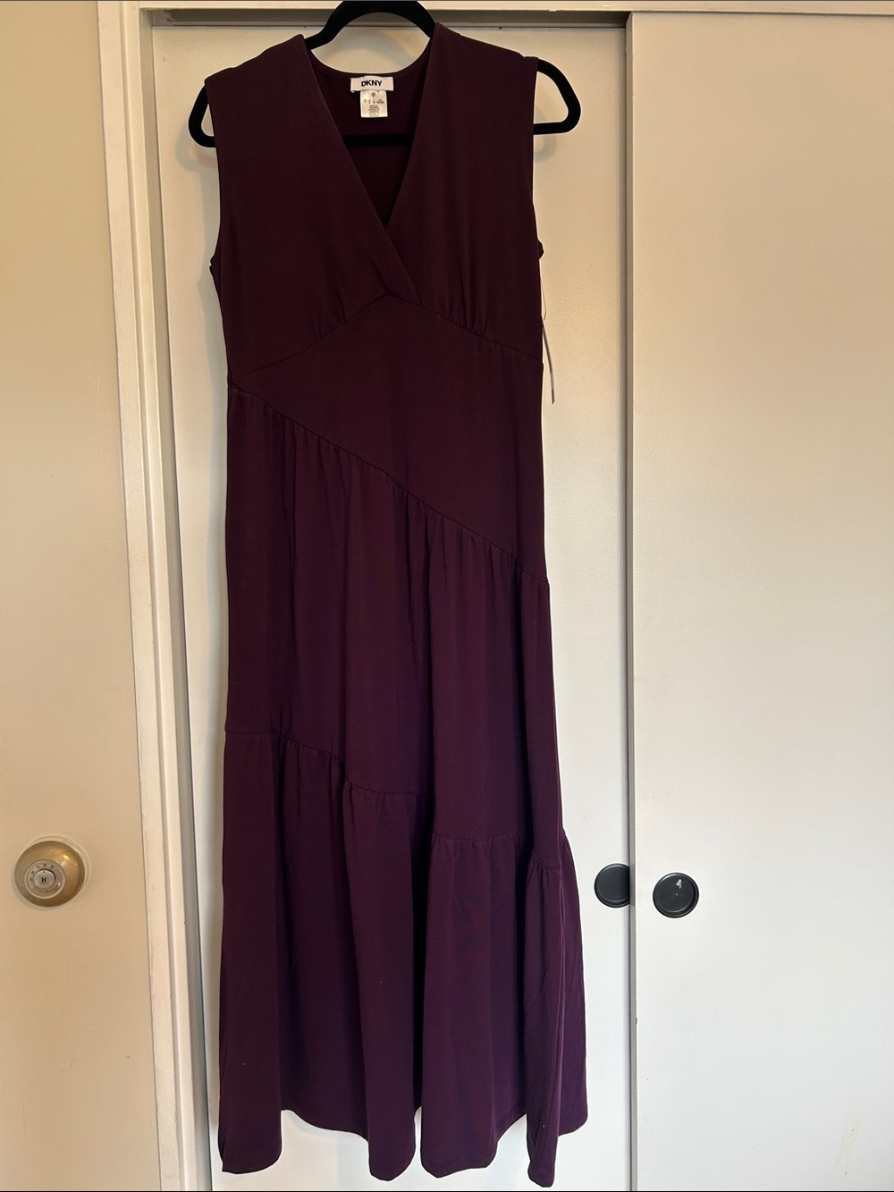 DKNY Sleeveless V-Neck Tiered Maxi Dress in Plum